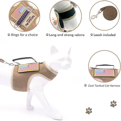Tactical Cat Harness and Leash for Walking Escape Proof, Adjustable Cat Walking Jackets, Padded Stylish Cat Vest, Khaki, Medium