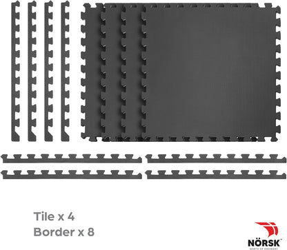 Norsk Multi-Purpose Reversible Floor Mats - EVA Interlocking Foam Tiles (Gray/Black 36 Tiles - 144 sq. Ft. 1/2" Thick)