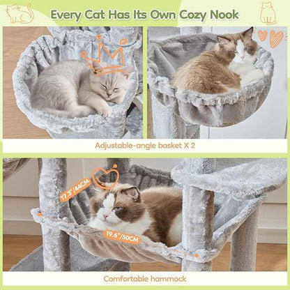 Taoqimiao 72 Inch Cat Tree, XXL Cat Tower for Indoor Cats Large Adult 25Lbs+, Extra-Large Platform, 2 Cat Houses, 7 Scratching Post, Extra-Sized Durable Hammock, Cozy Basket, Light Gray, F20W
