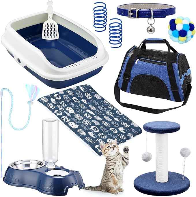 Eccliy Kitten Starter Kit, 10 Pcs Cat Starter Kit for Indoor Cats Kitten Essentials Includes Litter Box, Pet Toy, Folding Carrier, Climbing Frame, Mat, Collar, Automatic Food Bowl (Classic,Dark Blue)