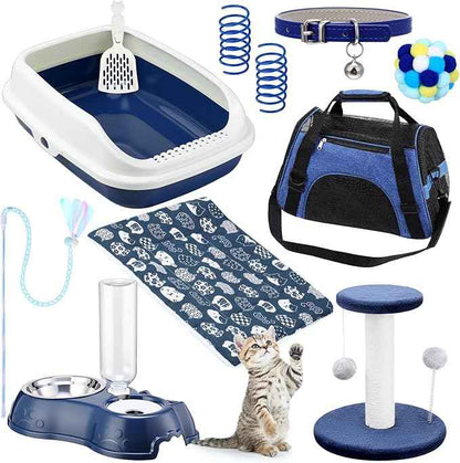 Eccliy Kitten Starter Kit, 10 Pcs Cat Starter Kit for Indoor Cats Kitten Essentials Includes Litter Box, Pet Toy, Folding Carrier, Climbing Frame, Mat, Collar, Automatic Food Bowl (Classic,Dark Blue)