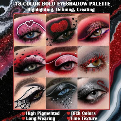 Black Red Goth Smokey Eyeshadow Palette Makeup-18 Colors Gray Silver Pink Burgundy Matte Shimmer Metallic Dark Eye Shadow Pallet for Christmas Halloween Clown Vampire Joker SFX Cosplay Costume Make Up