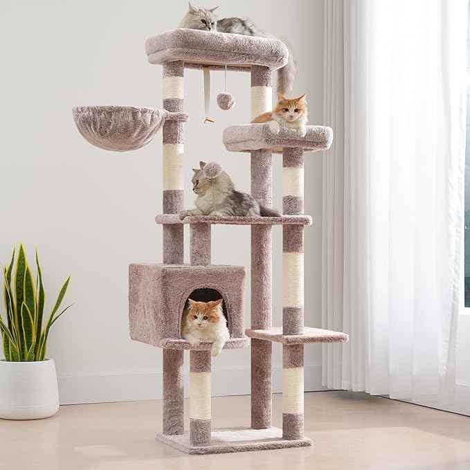 Cat Tree for Indoor Cats, 55.1 inch Cat Tower with 7 Sisal Scratching Posts, Multi-Level Cat Condo wit Large Play Platform Furry Ball, Cat Cave, 2 Padded Perches, Basket, Mushroom GCT013MU