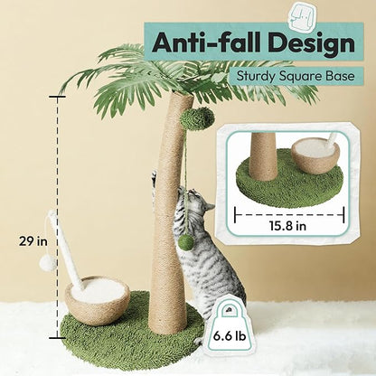 Cat Scratching Post 33 Inch Palm Tree with Hanging Balls and Coconut Straw Toy, Cat Scratcher for Indoor Kittens, Extra Stable Base, Paw-Friendly Jute Material, L