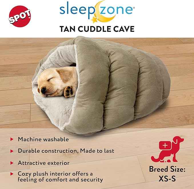 SPOT Sleep Zone Cuddle Cave, Cat Cave Bed for Indoor Cats and Mini Dogs, Durable and Washable, Comfortable for Kittens and Puppies Under 10lbs and 12in Long, Tan Color