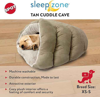 SPOT Sleep Zone Cuddle Cave, Cat Cave Bed for Indoor Cats and Mini Dogs, Durable and Washable, Comfortable for Kittens and Puppies Under 10lbs and 12in Long, Tan Color