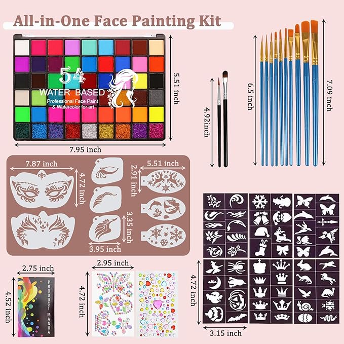 54 Color Face Painting Kit for Kids, Non Toxic Water Activated Face Paint kit Professional Palette with Multiple Facepaint Makeup Tools for Halloween, Carnival, Party, Creative Activities