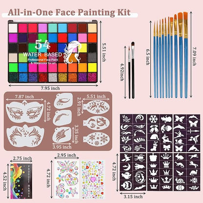 54 Color Face Painting Kit for Kids, Non Toxic Water Activated Face Paint kit Professional Palette with Multiple Facepaint Makeup Tools for Halloween, Carnival, Party, Creative Activities