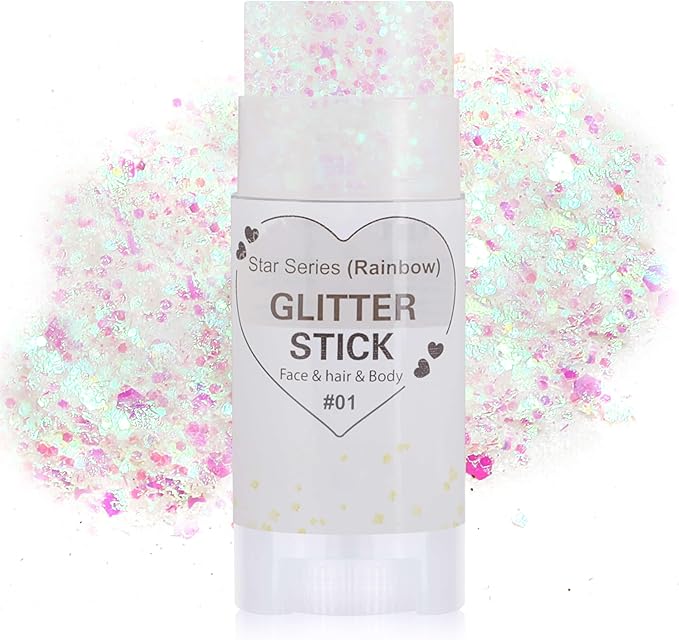 Rainbow White Hair Glitter Stick,Mermaid Fairy Costume Body Face Glitter, Singer Concert Halloween Star Glitter Makeup for Kids and Women,Waterproof Sequins Rave Accessories White Face Paint
