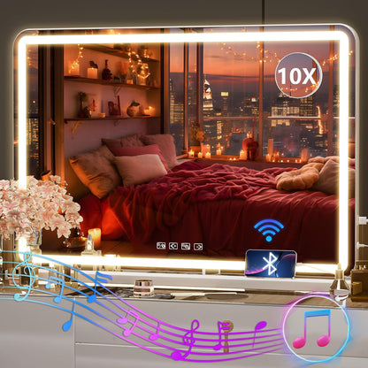 Hasipu Vanity Mirror with Lights and Bluetooth Speaker, 32" x 21.7" LED Makeup Mirror, Lighted Makeup Mirror with Dimmable 3 Modes, USB Charging Port, Round White