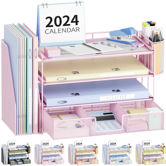 Desk Organizer and Accessories, 4-Tier Desktop File Organizer with Drawer and 2 Pen Holders, Office Desk Accessories for Office Supplies(Green)