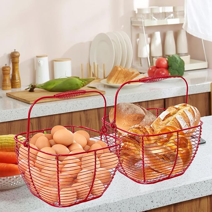 2 PCS Wire Egg Baskets for Gathering Fresh Eggs with Handle 7 Inch Red Square Metal Chicken Duck Eggs Collecting Countertop Basket Egg Holder Farmhouse Fruit Storage Container