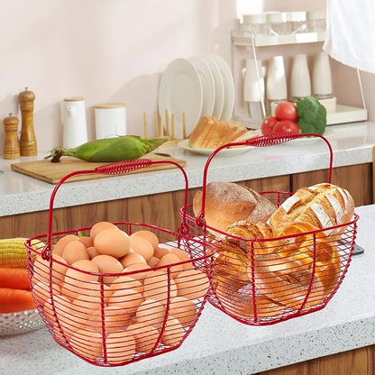 2 PCS Wire Egg Baskets for Gathering Fresh Eggs with Handle 7 Inch Red Square Metal Chicken Duck Eggs Collecting Countertop Basket Egg Holder Farmhouse Fruit Storage Container