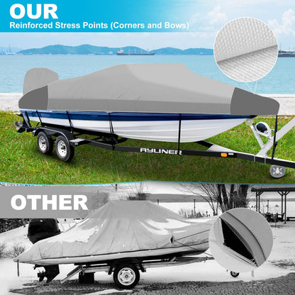 Boatpro Trailerable Boat Cover 16-18ft with Outboard Motor Cover, 900D Marine Canvas Waterproof & UV-Proof Heavy Duty Boat Covers for 16 feet 17ft 18' Foot V-Hull Bass Boat Runabout Boat, Gray