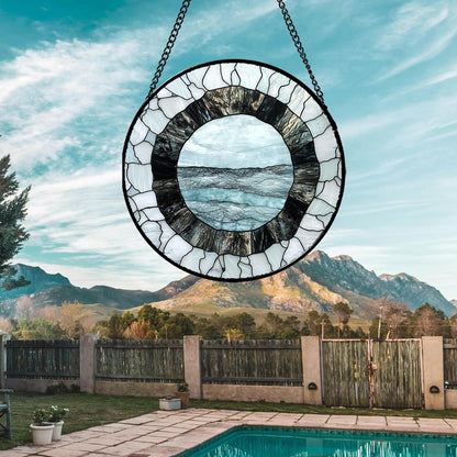 Stained Glass Window Hanging - Abstract Sea Surface Suncatcher for Doors Garden Patio Round Sun Catchers Decor Christmas Mother's Day Birthday Gifts for Women Men Mom Nana Friend 6.3 in