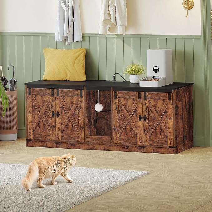 55" L Cat Litter Box Enclosure for 2 Cats, Double Hidden Litter Box Furniture with Scratch Pad, Wooden Cat Cabinet with USB Ports & Power Outlets, Farmhouse TV Stand, Rustic Brown CB82501X