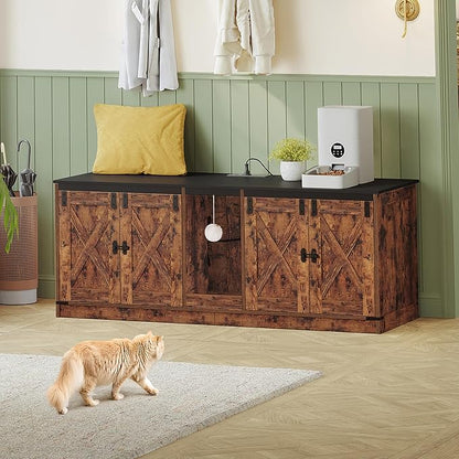 55" L Cat Litter Box Enclosure for 2 Cats, Double Hidden Litter Box Furniture with Scratch Pad, Wooden Cat Cabinet with USB Ports & Power Outlets, Farmhouse TV Stand, Rustic Brown CB82501X