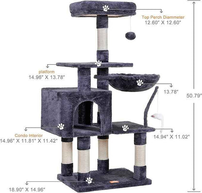 Heybly Cat Tree with Toy, Cat Tower Condo for Indoor Cats, Cat House with Padded Plush Perch, Cozy Hammock and Sisal Scratching Posts, Smoky Gray HCT004G