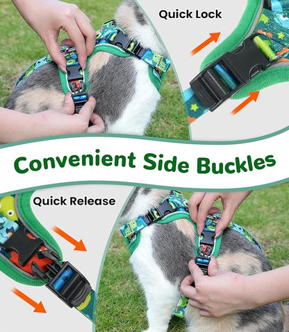 Halypet Cat Harness and Leash Set for Walking, Escape Proof Adjustable Vest Harness with 3-in-1 Integrated Buckles, Easy Control Soft Breathable Mesh with Reflective Strips for Cats, M, Green Monster