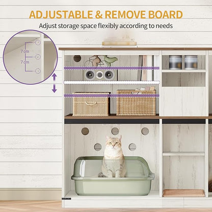 Double Cat Litter Box Enclosure for 2 Cats, Cat Cabinet with Large Storage Space, Hidden Litter Box with Scratch Pad, Farmhouse Cats House, TV Stand End Table, Rustic Brown and White CB97014X