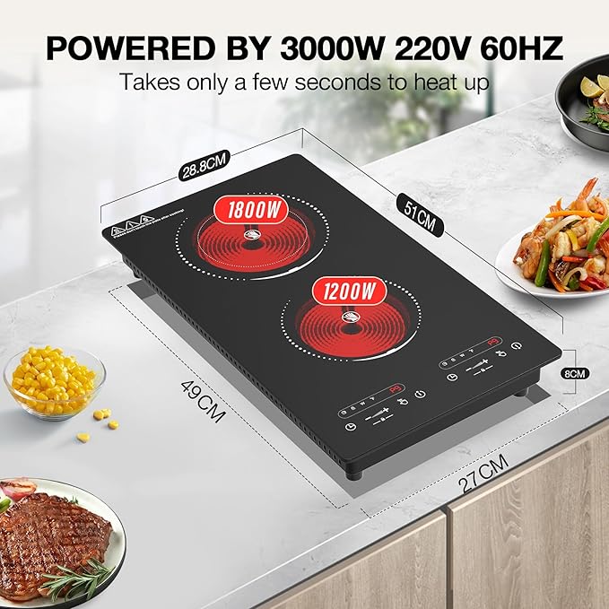 VBGK Electric Cooktop,110V 2100W 2 Burner Electric Cooktop,Countertop and Built-in Stove top with 9 Power Levels,Child Safety Lock, Timer, LED touch control,Overheat Protection