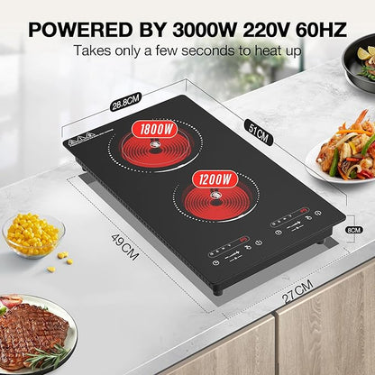 VBGK Electric Cooktop,110V 2100W 2 Burner Electric Cooktop,Countertop and Built-in Stove top with 9 Power Levels,Child Safety Lock, Timer, LED touch control,Overheat Protection