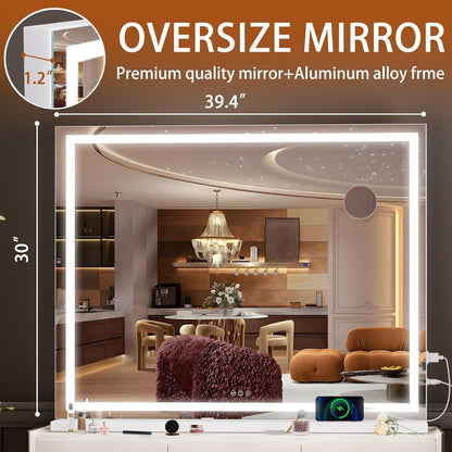 Hasipu Vanity Mirror with Lights, 40" x 30" LED Makeup Mirror, Lighted Makeup Mirror with Dimmable 3 Modes, Touch Screen Control Vanity Mirror Square White
