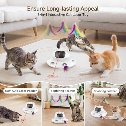 Cat Laser Toy, Automatic 3in1 Interactive Laser Pointer Toy for Indoor Cats, 5 Adjustable Red Lazer Light Pattern, Smart Sensor Auto Cat Feather Wand Kitten Toy, Keep Busy Chase Play, USB Rechargeable