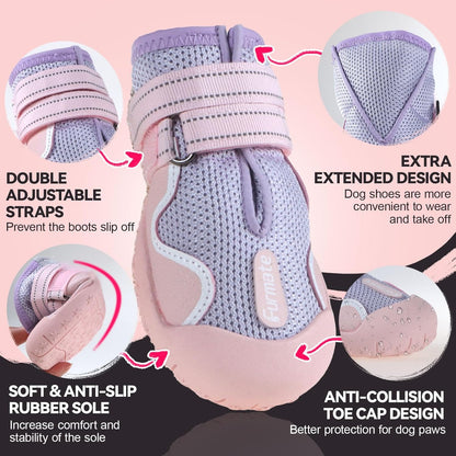 Dog Shoes for Large Small Medium Dogs, Breathable Mesh Dog Boots & Paw Protectors for Summer Hot Pavement Winter Snow, Waterproof Anti-Slip Dog Booties for Hiking Hardwood Floors(Pink-Purple7)
