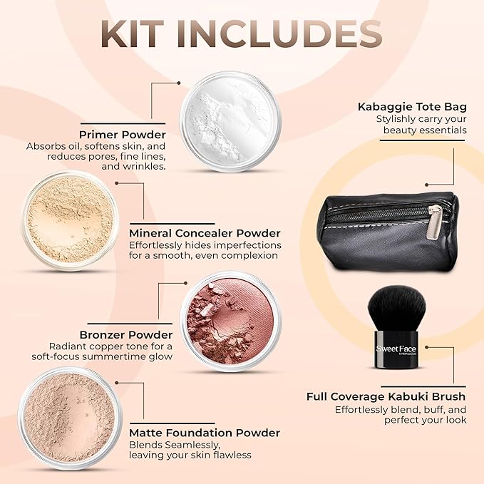 6pc FULL SIZE KIT KABUKI & KABAGGIE Tote Mineral Makeup Set Matte Foundation Bare Face Sheer Powder Cover (Light)