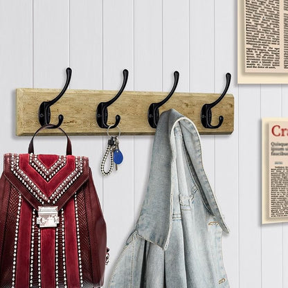 IBosins 10 Pack Heavy Duty Dual Coat Hooks Wall Mounted with 40 Screws Retro Double Hooks Utility Black No Rust Hooks for Coat, Scarf, Bag, Towel, Key, Cap, Cup, Hat (Black)