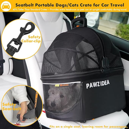 PAWZIDEA Portable Small Dog Crate for Car Travel, Enclosed Pet Car Seat for Small/Medium Dogs & Cats up 33 lb, Reversible No-Zip Canopy, Soft-Sided Pet Carrier Basket, Foldable Dog Kennel, Metal Frame