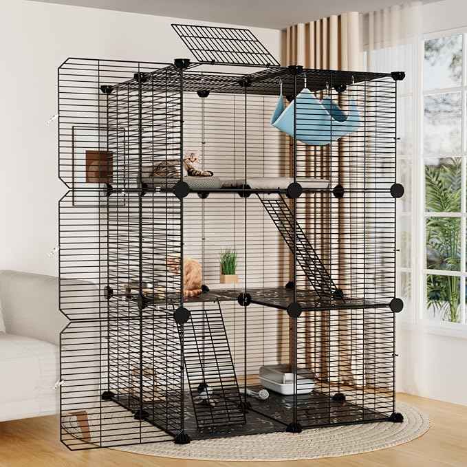 Large Cat Cage Indoor: Enclosed Cat Enclosure DIY Pet Playpen Detachable Metal Wire Kennel Sturdy Crate with Hammock for Cats Kitten