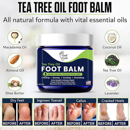 FOOT CURE Tea Tree Oil Balm – Moisturizer for Dry Cracked Feet – Instantly Hydrates & Soothes Irritated Skin & Athlete's Foot – Best Foot Care for Women and Men (Pack of 2)