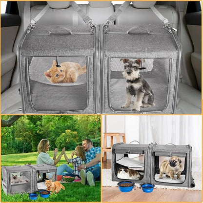 Suertree Cat Carrier for 2 Cats, Pet Travel Carrier for Cats and Small Dogs Up to 45 Lbs, Bowls, and Locking Zippers