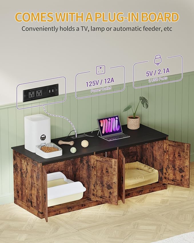 55" L Cat Litter Box Enclosure for 2 Cats, Double Hidden Litter Box Furniture with Scratch Pad, Wooden Cat Cabinet with USB Ports & Power Outlets, Farmhouse TV Stand, Rustic Brown CB82501X