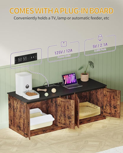 55" L Cat Litter Box Enclosure for 2 Cats, Double Hidden Litter Box Furniture with Scratch Pad, Wooden Cat Cabinet with USB Ports & Power Outlets, Farmhouse TV Stand, Rustic Brown CB82501X