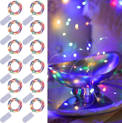 WATERGLIDE 12 Pack Colorful Fairy Lights Battery Operated (Included), 7 ft 20 LED Mini String Lights, Waterproof Silver Wire Firefly Starry Light for DIY Wedding Christmas Party Mason Jars Decor