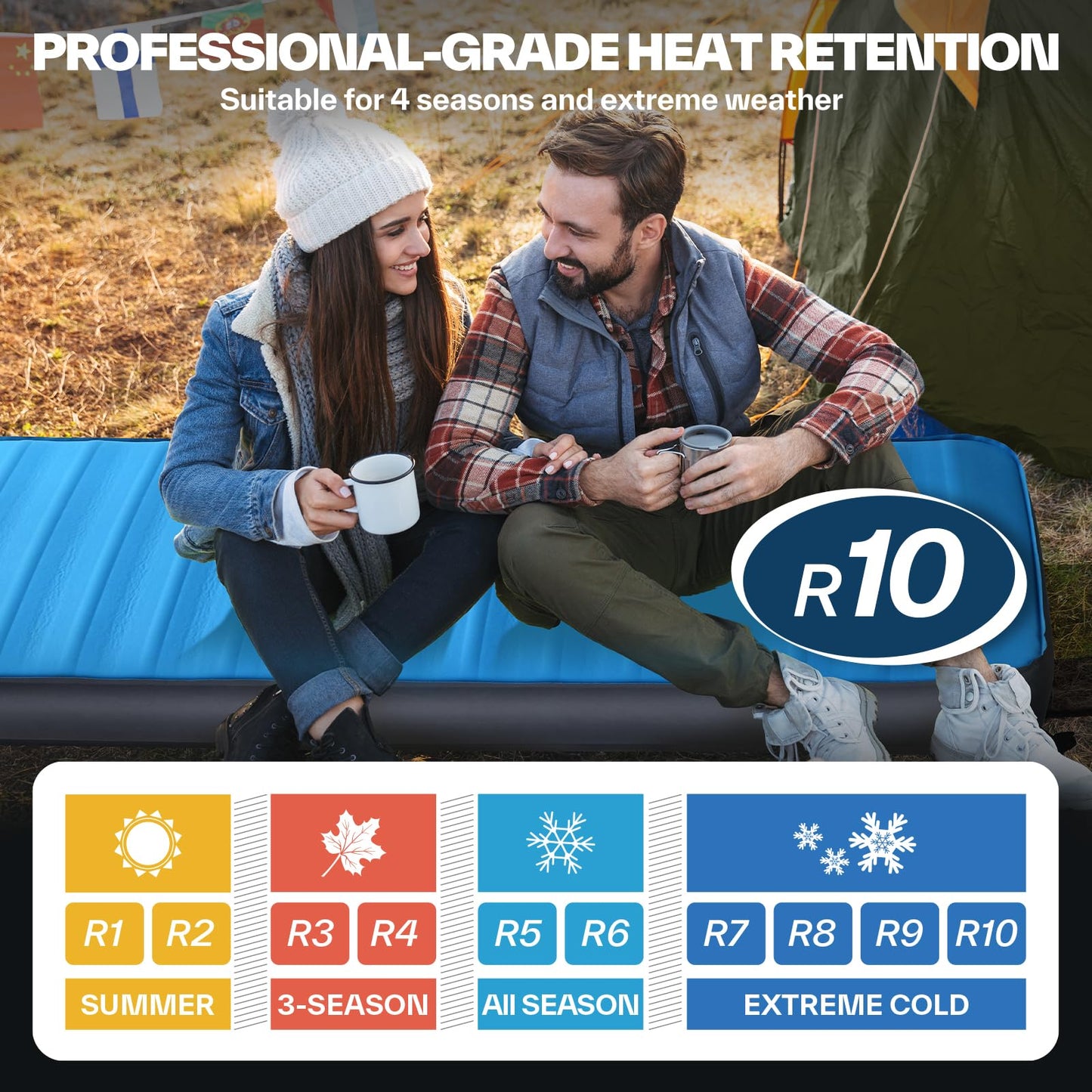 Sportneer Sleeping Pad for Camping: 4" Ultra-Thick Air & Foam Camping Mattress with 10 R Value, 4-Season Large Size 78" x 30" Self-Inflating Sleeping Pad for Camp/Travel/Car/Tent, Easy to Inflate