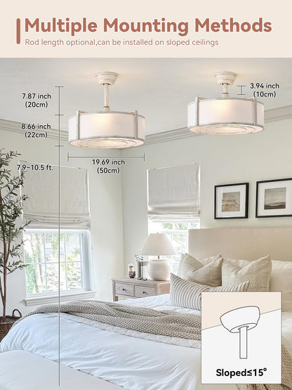 Ymkskj 20 White Fandelier Ceiling Fans With Lights, Boho Rattan Ceiling Fan With Light Remote Control, Caged Mid-Century Modern