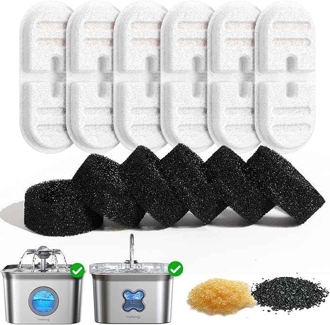 6 Pack New Version Replacement Filters + 6 Pump Sponges for Feelneedy Stainless Steel Cat Water Fountain [FN-W22] - 99oz/2.8L Pet Water Fountain Filters