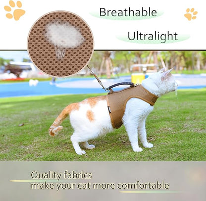 Cat Harness and Leash for Walking Escape Proof Breathable Mesh Fabric, Solid Brown, Medium, Adjustable Cat Walking Jackets with Handle, Padded Stylish Cat Vest