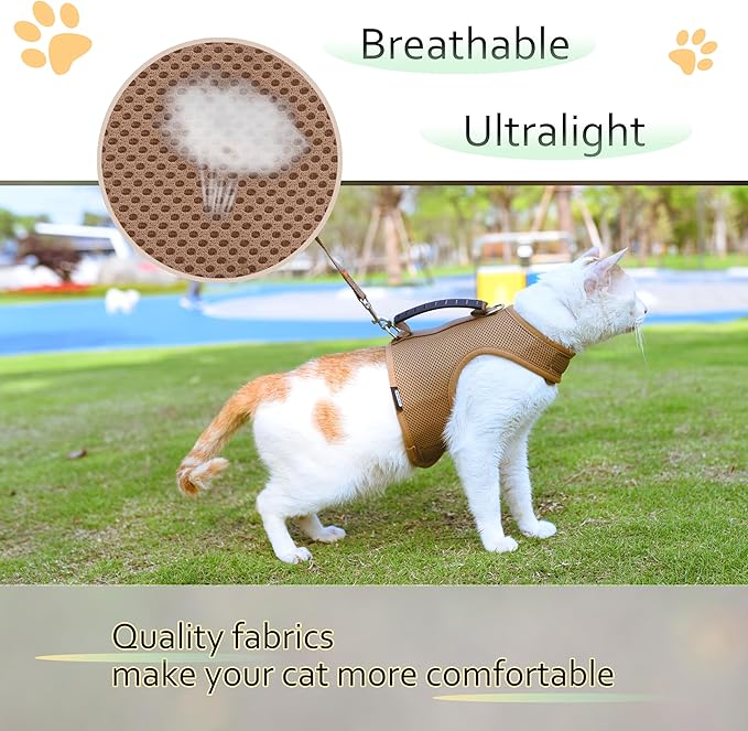 Kitty Harness and Leash for Walking Escape Proof Breathable Mesh Fabric, Solid Brown, X-Small, Adjustable Cat Walking Jackets with Handle, Padded Stylish Cat Vest