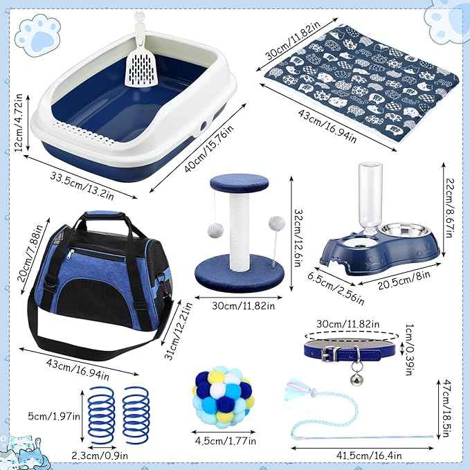 Eccliy Kitten Starter Kit, 10 Pcs Cat Starter Kit for Indoor Cats Kitten Essentials Includes Litter Box, Pet Toy, Folding Carrier, Climbing Frame, Mat, Collar, Automatic Food Bowl (Classic,Dark Blue)