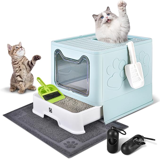 Enclosed Cat Litter Box with Lid Foldable Potty,Drawer Type Extra Large Cover Litter Box with Mat, Kitty Free in and Out/One-Way,Odor Control Anti-Splashing Easy Cleaning (Light Blue)