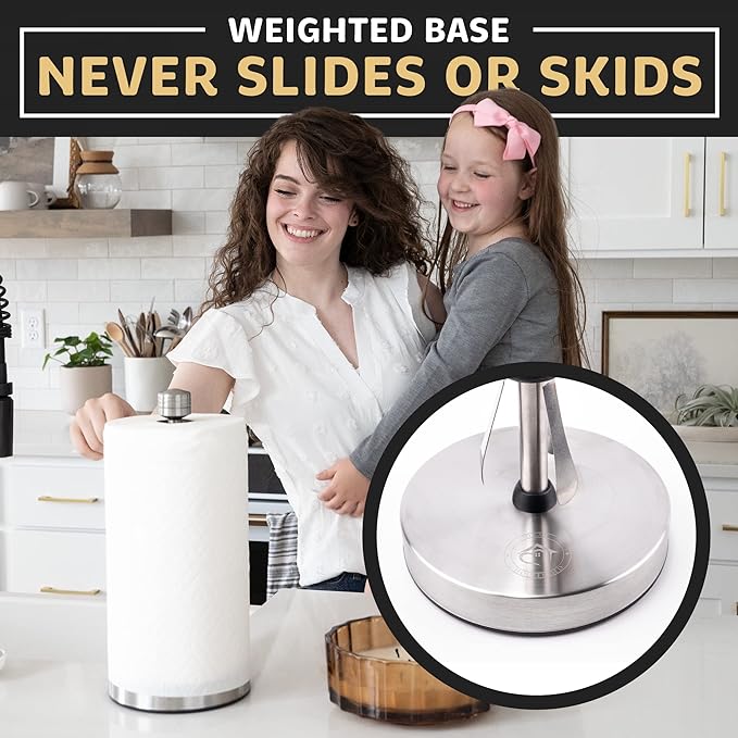 Dear Household Stainless Steel Paper Towel Holder Easy One-Handed Operation - This Sturdy Weighted Paper Towel Dispenser Countertop Model Has Suction Cups and Holds All Paper Towel Rolls - Silver