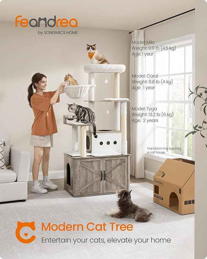 Feandrea Cat Tree, 66.9-Inch Cat Tower with Litter Box Enclosure, Large Condo with Food Station, Storage, Scratching Posts, Cave, Hammock, Washable Cushions, Heather Greige UPCT169K02