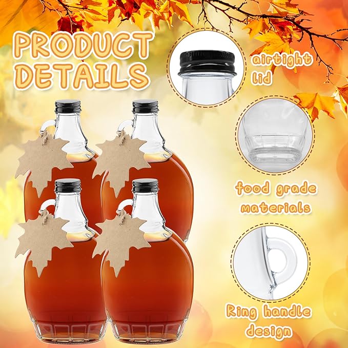 12 Oz Maple Syrup Bottles with Black Aluminum Lids, Clear Glass Bottles with Maple Tag, Perfect for Gifts or Storage (12)