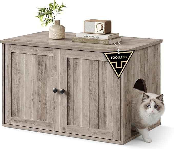 SONGMICS Home Litter Box Enclosure, Superfast Toolless Assembly, Cat Litter Box Furniture, Push-to-Open Doors, Indoor Cat House, Greige UPCL233LK02S
