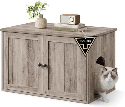 SONGMICS Home Litter Box Enclosure, Superfast Toolless Assembly, Cat Litter Box Furniture, Push-to-Open Doors, Indoor Cat House, Greige UPCL233LK02S